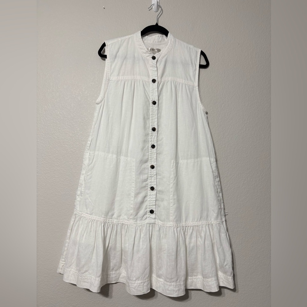 Banana Republic White Linen Flounce-Hem Mini/Midi Dress. Mandarin Collar,Pockets - Picture 2 of 15